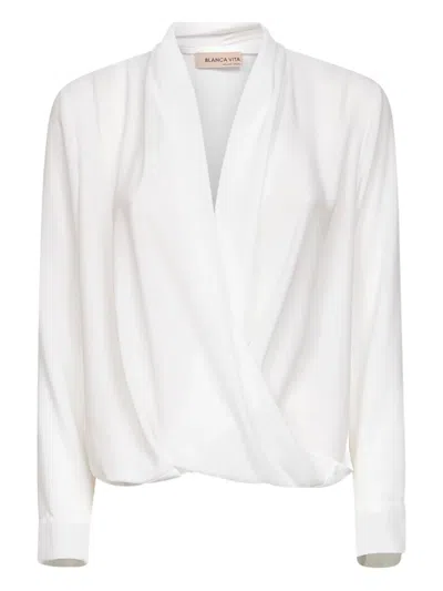 Blanca Vita Draped V-neck Blouse In White