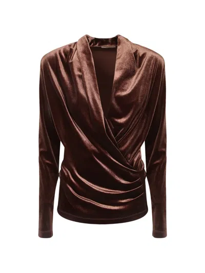 Blanca Vita Draped Velvet Blouse In Brown