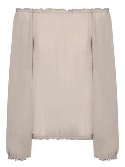 Blanca Vita Gathered Sleeve Beige Georgette Blouse In Neutral