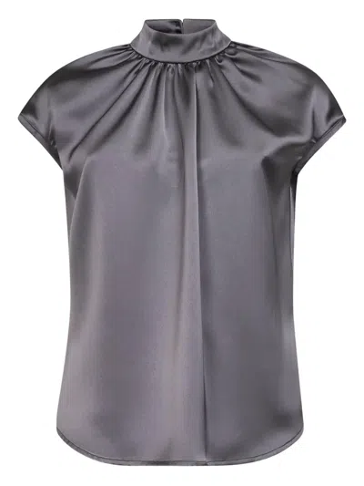 Blanca Vita Gathered Stand-collar Top In Gray