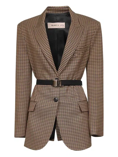 BLANCA VITA GINGHAM-PATTERN BELTED BLAZER