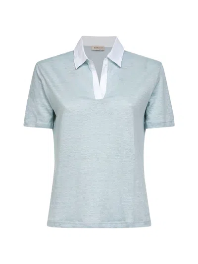 Blanca Vita Green Linen Short-sleeved Polo Shirt In Blue
