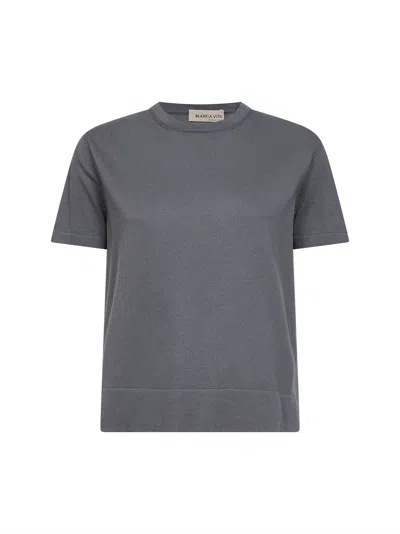 Blanca Vita Grey Plain Stitch Knit Cotton T-shirt In Blue