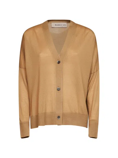 Blanca Vita Camel Lightweight Wool Knit Cardigan In Brown