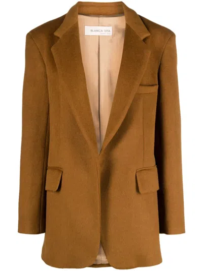 Blanca Vita Notched-lapels Brushed-effect Blazer In Brown