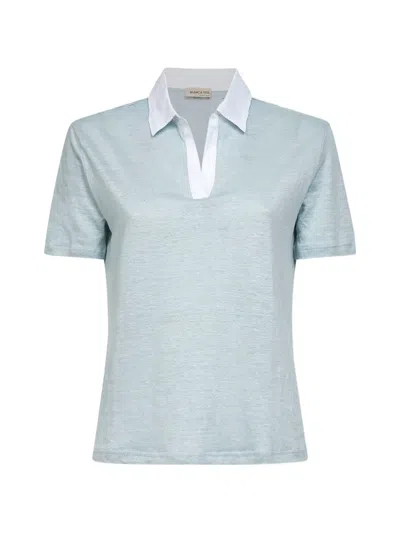 Blanca Vita Green Linen Short-sleeved Polo Shirt In Blue