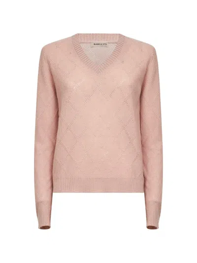 Blanca Vita Pink Openwork Diamond-stitch Knit Cashmere Sweater In Multi