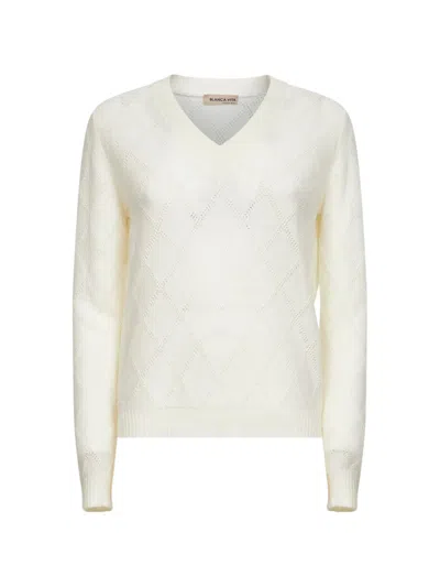 Blanca Vita Beige Openwork Diamond-stitch Knit Cashmere Sweater In Multi