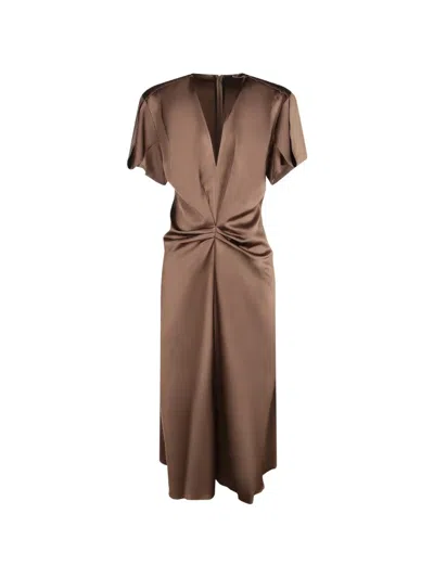 Blanca Vita Ruched V-neck Midi Dress In Brown