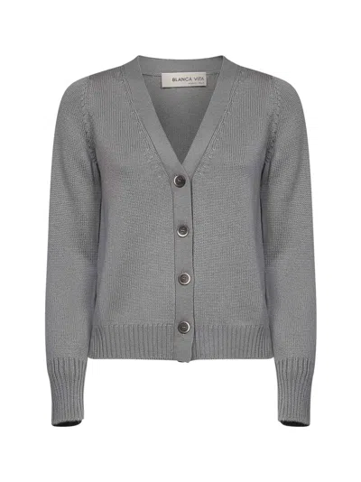 Blanca Vita Sage Green Virgin Wool Knit Cardigan In Gray