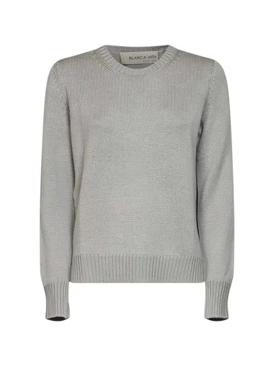 Blanca Vita Sage Virgin Wool Knit Crewneck Sweater In Gray