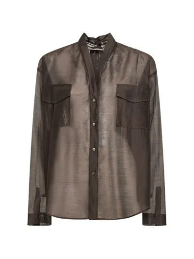 Blanca Vita Sheer Flap-pocket Blouse In Brown
