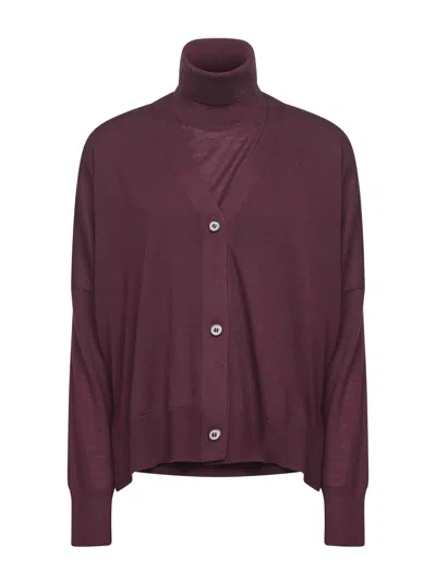 Blanca Vita Virgin Wool Turtleneck Twin Set Cardigan In Burgundy