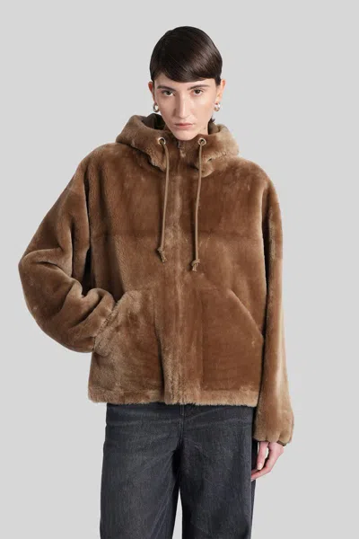 Blancha Brown Reversible Shearling Jacket With Drawstring Hood And Front Zip Closure