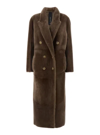Blancha Brown Double-breasted Shearling Coat With Peak Revers