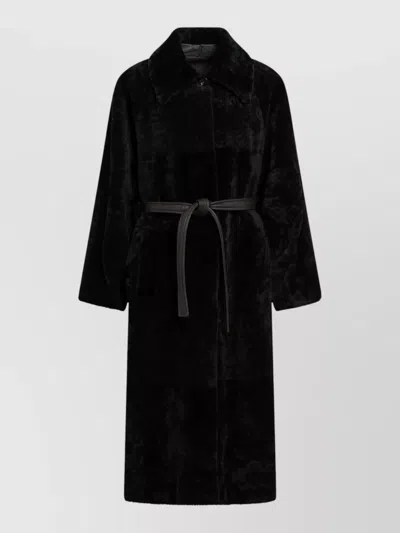 Blancha Belted Collared Long Sleeve Full Length Jacket In Black