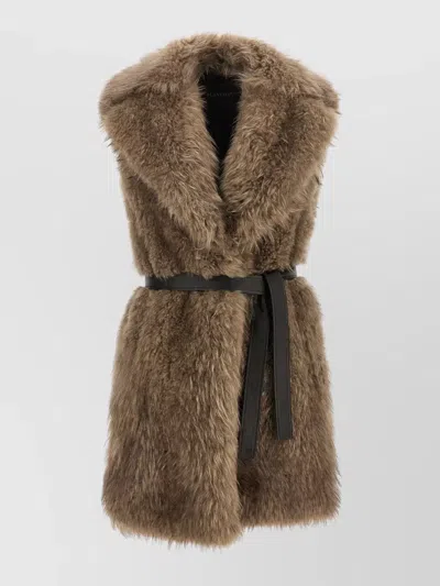 Blancha Belted Faux Fur Sleeveless Mid Length Vest In Brown