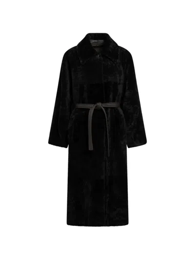 Blancha Belted Shearling Coat In Black