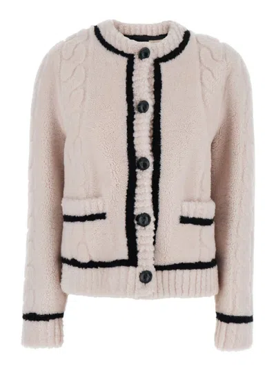 Blancha Black And White Crewneck Cardigan With Button Closure And Front Pockets In Fur Woman In Neutral