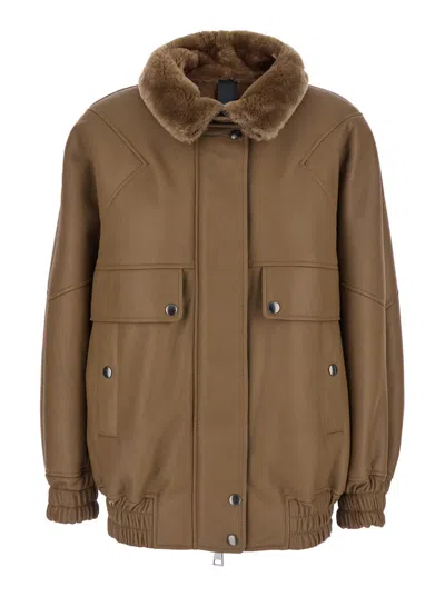 BLANCHA BROWN BOMBER JACKET WITH FUR COLLAR AND PATCH POCKETS IN LEATHER WOMAN