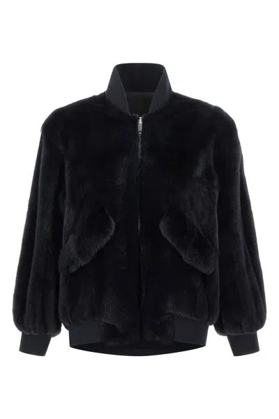 Blancha Ribbed Cuffs Faux Fur Bomber In Black