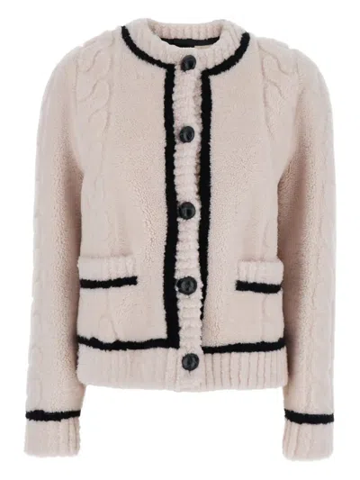 Blancha Black And White Crewneck Cardigan With Button Closure And Front Pockets In Fur Woman In Neutral