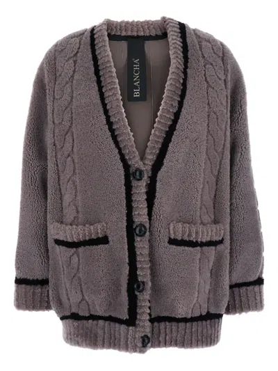 Blancha Grey V-neck Cardigan With Front Pockets In Fur Woman In Gray