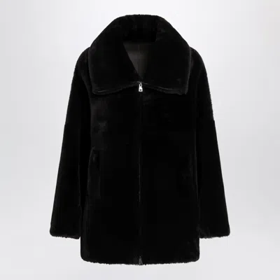 Blancha Chocolate Brown Zip-up Shearling Jacket In Black