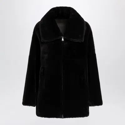 Blancha Chocolate Brown Zipup Shearling Jacket In Black