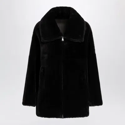 Blancha Chocolate Brown Zipup Shearling Jacket In Black