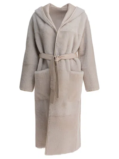 Blancha Hooded Coat With Belted Waist And Pockets In Gray