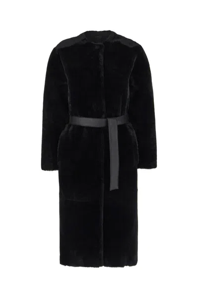 Blancha Shearling Reversible Coat Waist Belt Pockets In Black