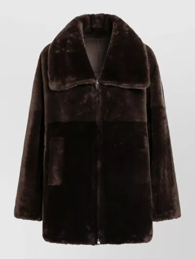 Blancha Faux Fur Jacket Long Sleeves Wide Collar In Brown