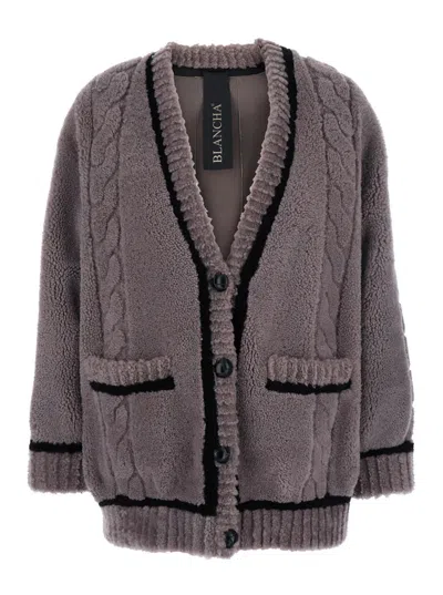 Blancha Grey V-neck Cardigan With Front Pockets In Fur Woman In Gray