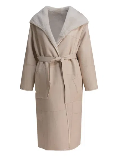 Blancha Hooded Belted Shearling Coat In Brown