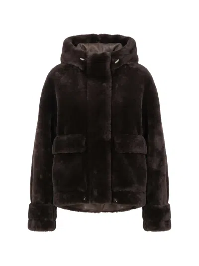 Blancha Hooded Shearling Jacket In Brown
