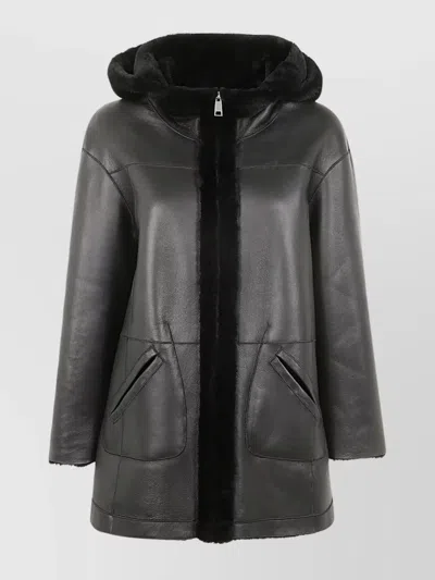 Blancha Hooded Shearling Jacket With Faux Fur Texture In Black