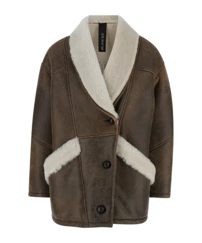 Blancha Lapel Long-sleeved Leather Jacket In Brown