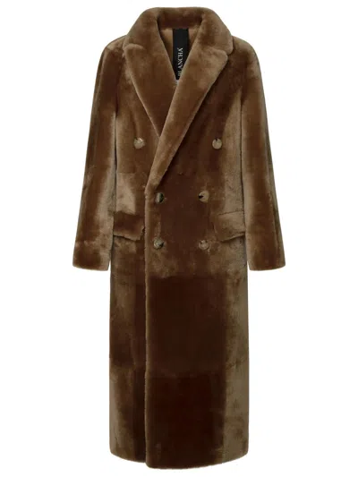 Blancha Brown Double-breasted Shearling Coat With Peak Revers