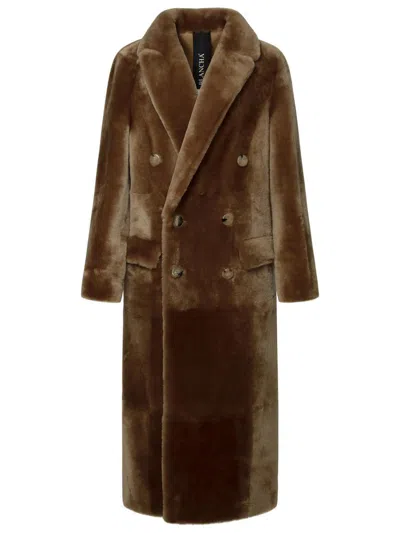 Blancha Brown Double-breasted Shearling Coat With Peak Revers