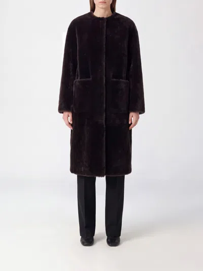 Blancha Long Shearling Coat With A Crew Neck And Front Patch Pockets In Cocoa