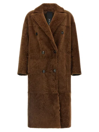 Blancha Double-breasted Longline Fur Jacket In Brown