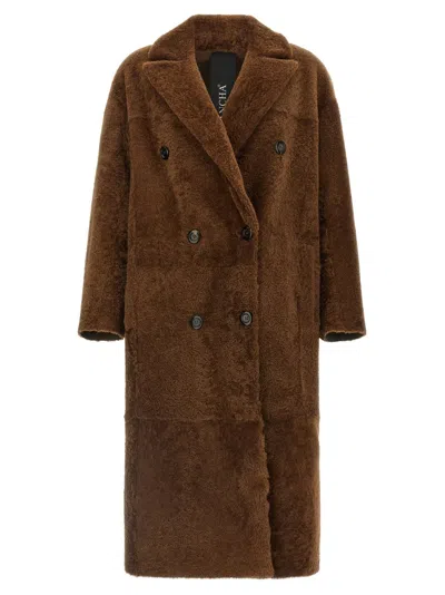 Blancha Double-breasted Longline Fur Jacket In Brown