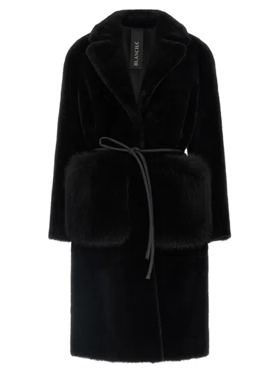 Blancha Straight-volpe Fur Belted Long Jacket In Black