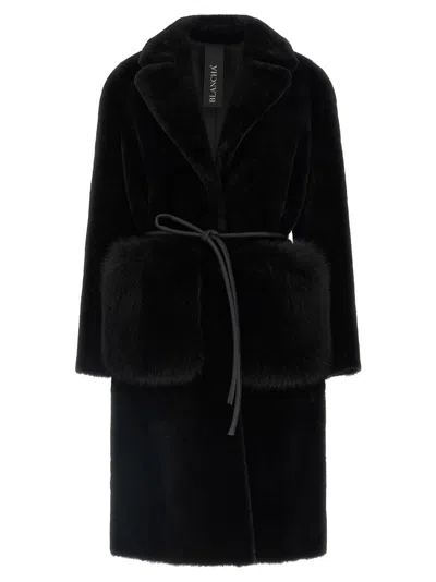 Blancha Straight-volpe Fur Belted Long Jacket In Black