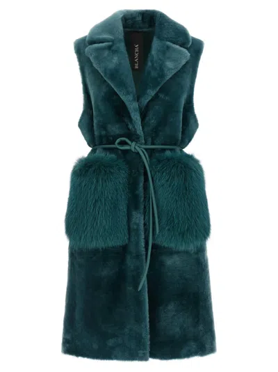 Blancha Straight-volpe Shadow Belted Faux Fur Vest In Green