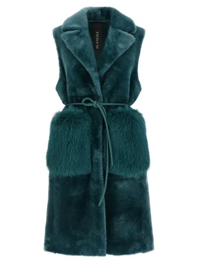 Blancha Straight-volpe Shadow Belted Faux Fur Vest In Green