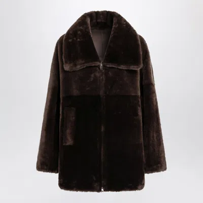 Blancha Faux Fur Jacket Long Sleeves Wide Collar In Brown