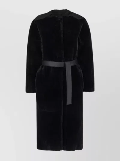 Blancha Shearling Reversible Coat Waist Belt Pockets In Black