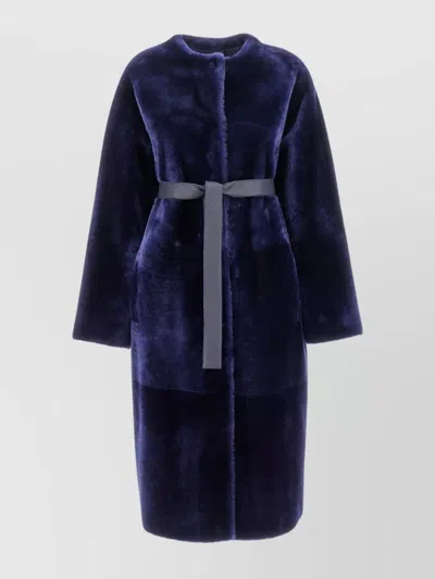 Blancha Shearling Reversible Coat Waist Sleeves Texture Pockets In Blue